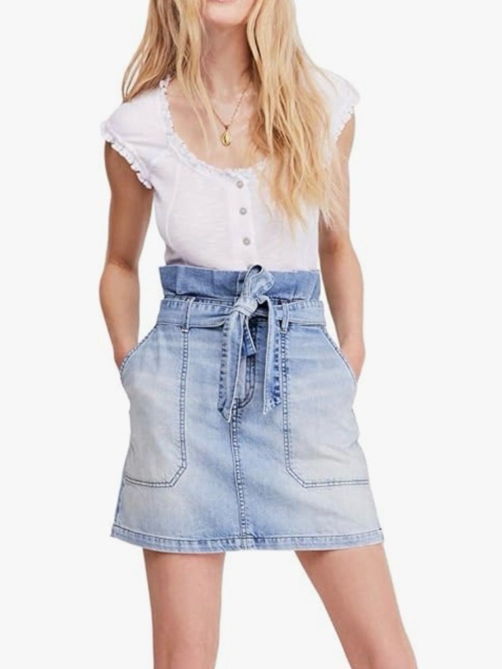 Free People Womens Splendor in The Grass
Denim Paperbag Waist Mini Skirt Size 6